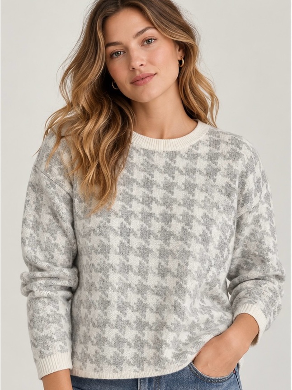 Tahari S/P Cashmere Blend Houndstooth Sweater Gray Ivory Crewneck Petite